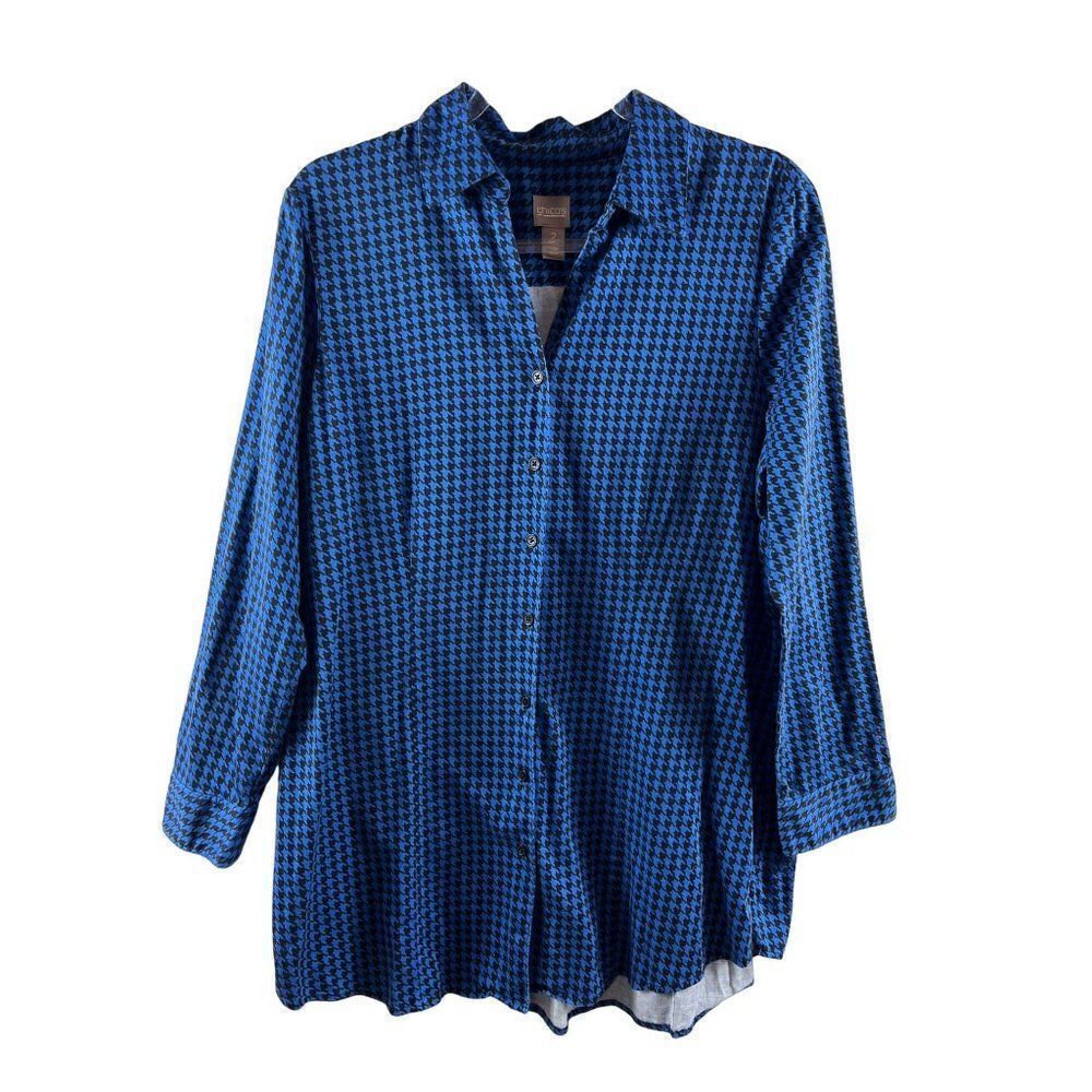 Chico's Houndstooth Collared Button Up 3/4 Sleeve Tunic Blouse Large Size 2 Blue